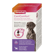Beaphar CaniComfort dog stress relief refill box, featuring a white box with pink, orange, and purple panels, a picture of a grey dog, and a small dropper graphic.