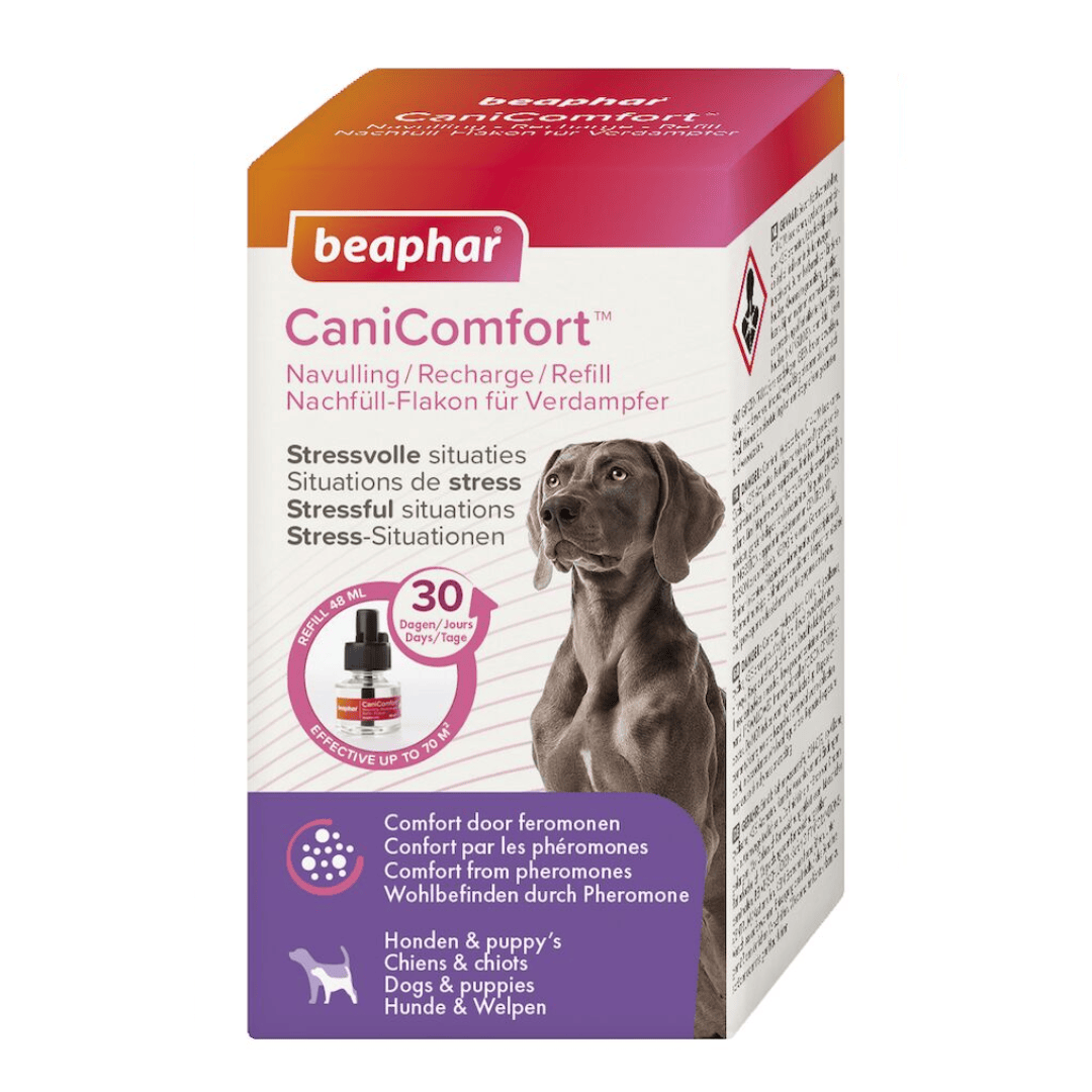 Beaphar CaniComfort dog stress relief refill box, featuring a white box with pink, orange, and purple panels, a picture of a grey dog, and a small dropper graphic.