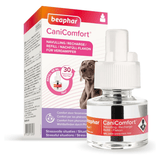 Beaphar CaniComfort pet calming diffuser refill kit showing the product box and the glass refill bottle with a white cap on a white background.