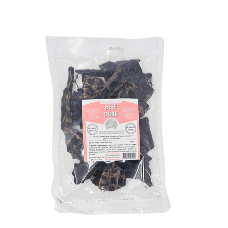 Packaged beef dubh, dried beef liver with a label on a white background