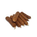 Chicken Bangers a dried chicken treat, are on a white background.