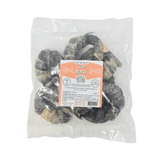 Dried cod skin rings bagged and labelled against a white background
