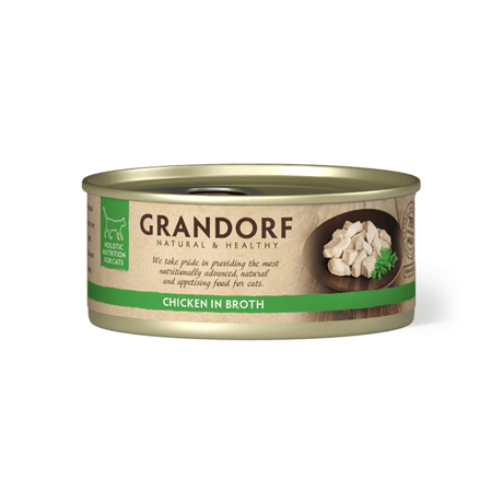 A single can of Grandorf Natural & Healthy Chicken in Broth wet cat food, shown on a clean white background.
