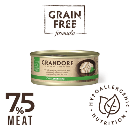 A can of Grandorf Natural & Healthy Grain Free Chicken in Broth wet cat food, presented on a white background with 'Grain Free Formula' and '75% Meat' text badges.