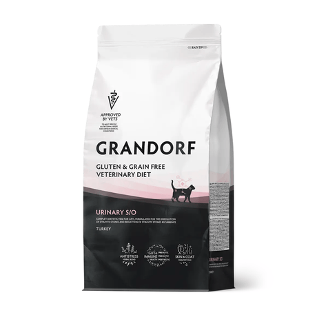 A bag of Grandorf Veterinary Diet urinary SIO dog food, featuring a white and black packaging design with a pink accent band and a silhouette of a cat.