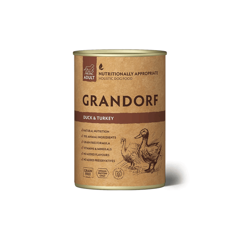 A can of Grandorf Duck & Turkey dog food on a clean white background.