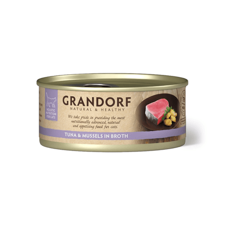 A single can of Grandorf Natural & Healthy wet cat food, specifically Tuna & Mussels in Broth, shown on a clean white background.