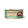 A single can of Grandorf Natural & Healthy Tuna & Salmon in Broth wet cat food, shown on a clean white background with a soft shadow.