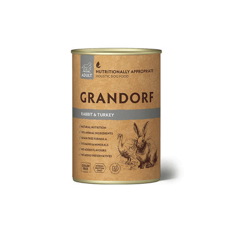 Grandorf rabbit and turkey dog food can on a white background