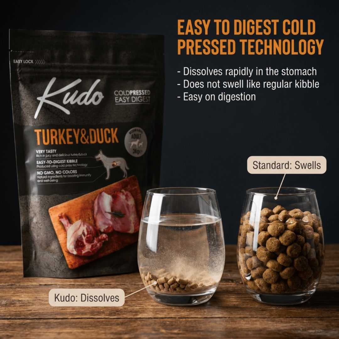 Kudo Turkey & Duck pet food package with two glasses, one with water and one with dog food, on a wooden surface.
