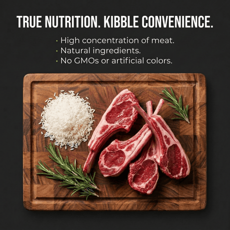 Raw Lamb meat on a wooden cutting board with rice and herbs with text about true nutrition and kibble convenience.