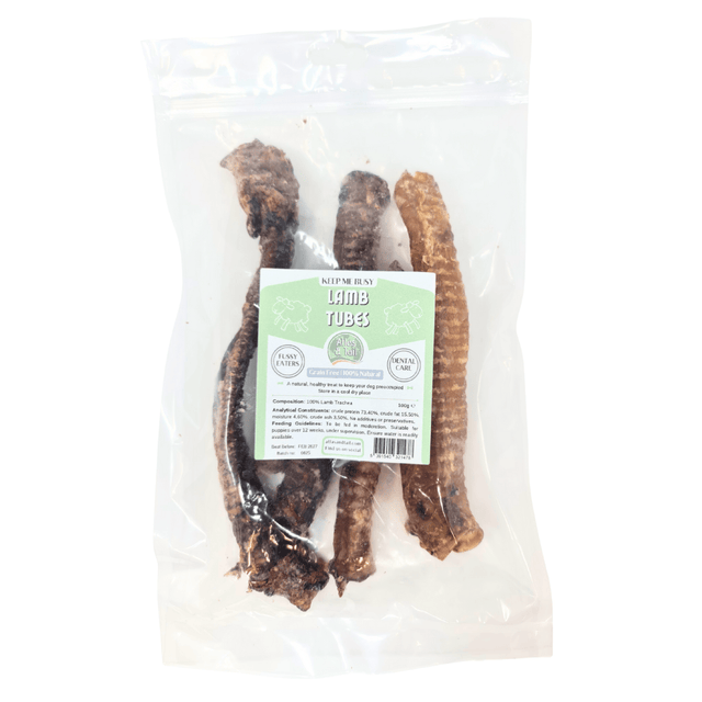 Packaged lamb tube treats with a label on a white background
