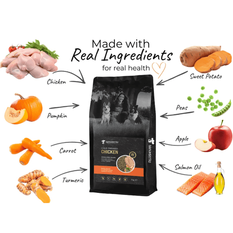 Ingredients around a bag of Barkin Bistro Chicken Cold Pressed dog food.