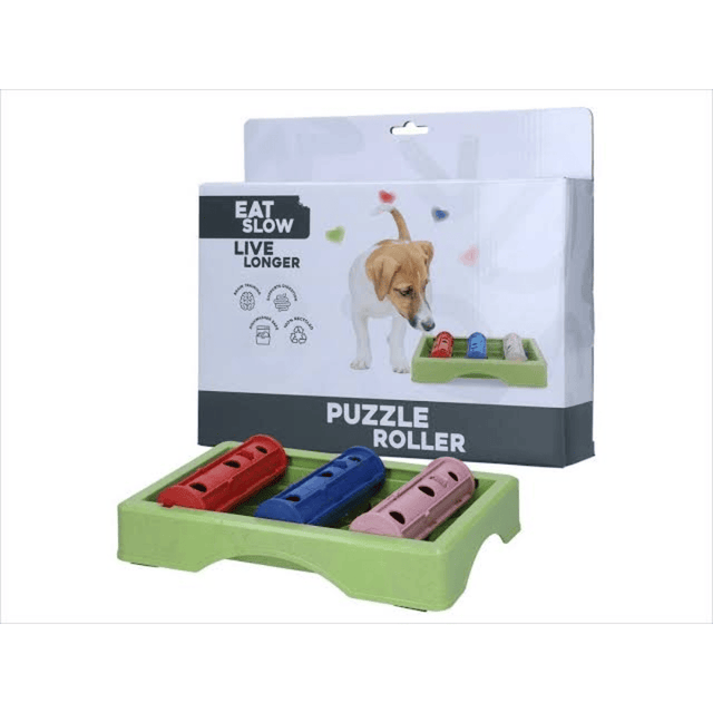The Eat Slow Live Longer Puzzle Roller in front of its packaging both against a white background
