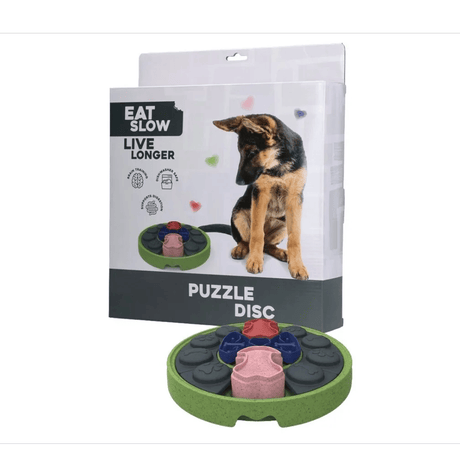 Eat slow live longer puzzle disc on display beside its packaging. 