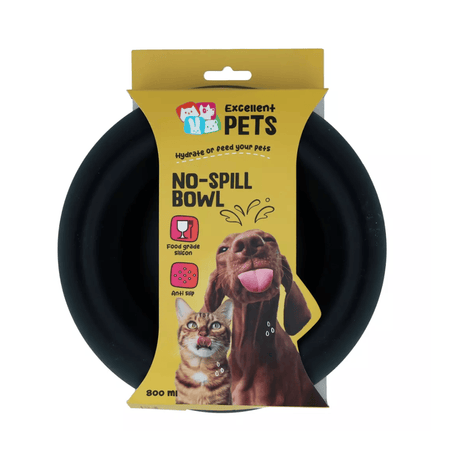 A black Excellent Pets silicone no-spill pet bowl in its  yellow packaging, featuring illustrations of a dog and a cat.