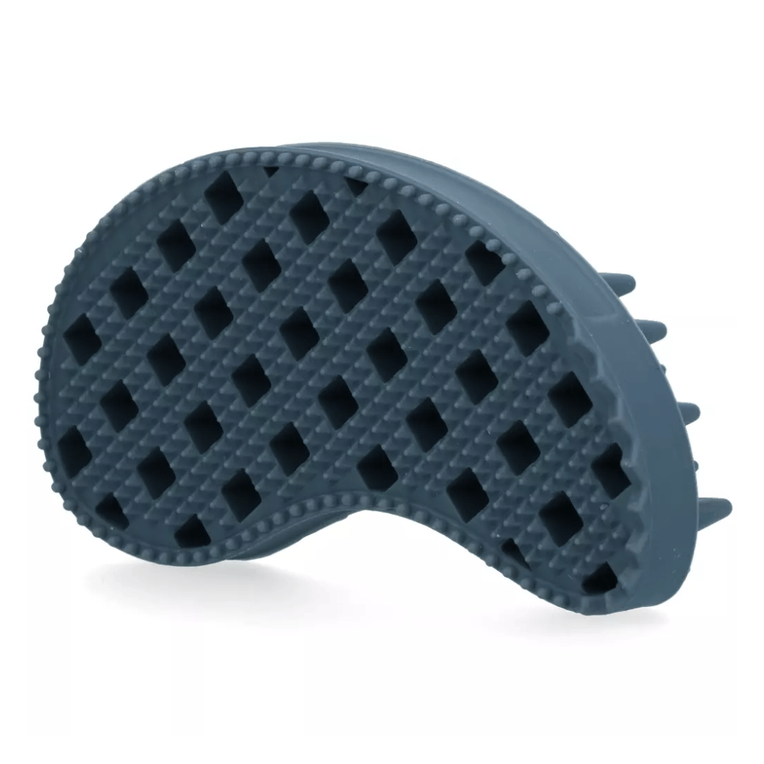 A dark slate blue silicone pet grooming brush with a diamond-patterned textured surface and short bristles on the side, shown on a white background.