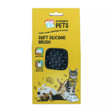 A yellow retail package for a pet grooming brush. The package shows the text 'Excellent Pets' and 'Soft Silicone Brush,' with a window revealing a black silicone brush.