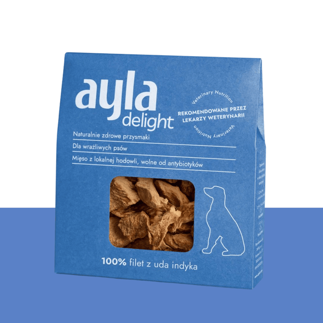 Blue packaging of ayla delight with a picture of dog treats on a blue background