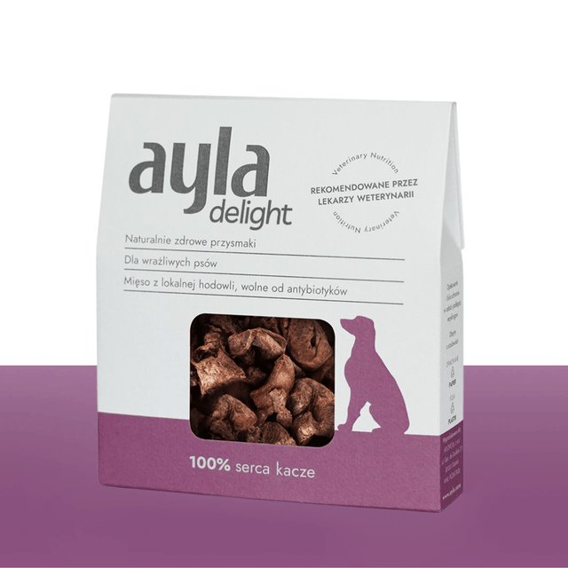 Package of ayla delight dog treats on a purple background