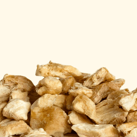 Close-up of dried chicken breast on a white background