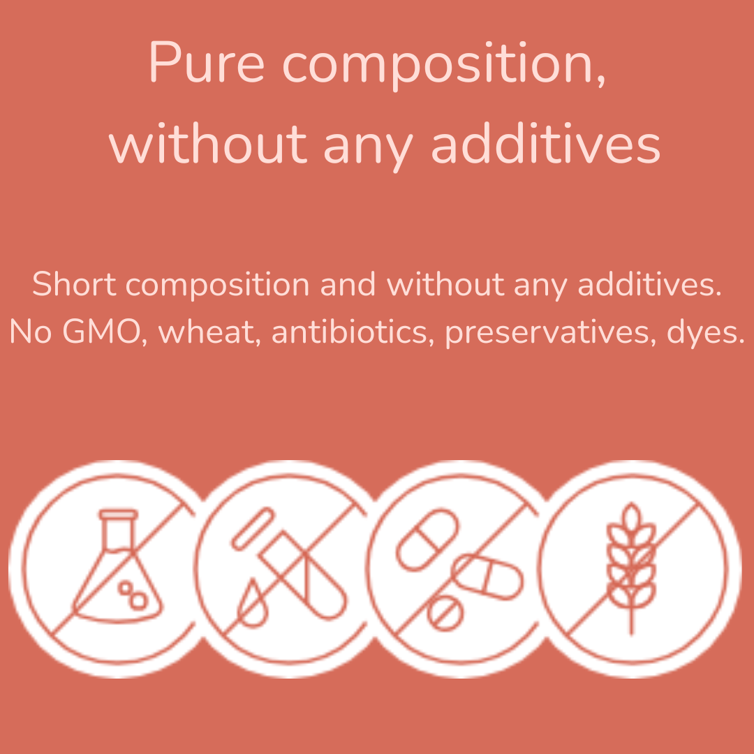 Red background with white text and icons about product purity and ingredient-free claims.