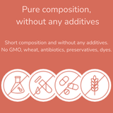 Red background with white text and icons about product purity and ingredient-free claims.