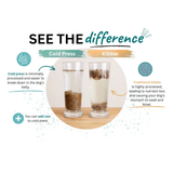 Comparison between cold press and kibble with two glasses filled with different types of pet food.