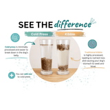 Comparison between cold press and kibble with two glasses filled with different types of pet food.