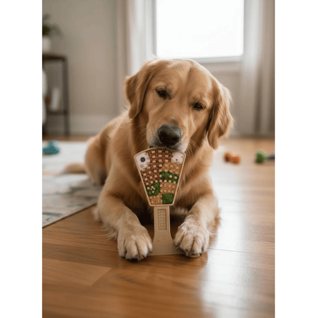 A golden retriever dog lies on a wooden floor holding a nylon waffle tower toy in its mouth. The toy has food spread on it.