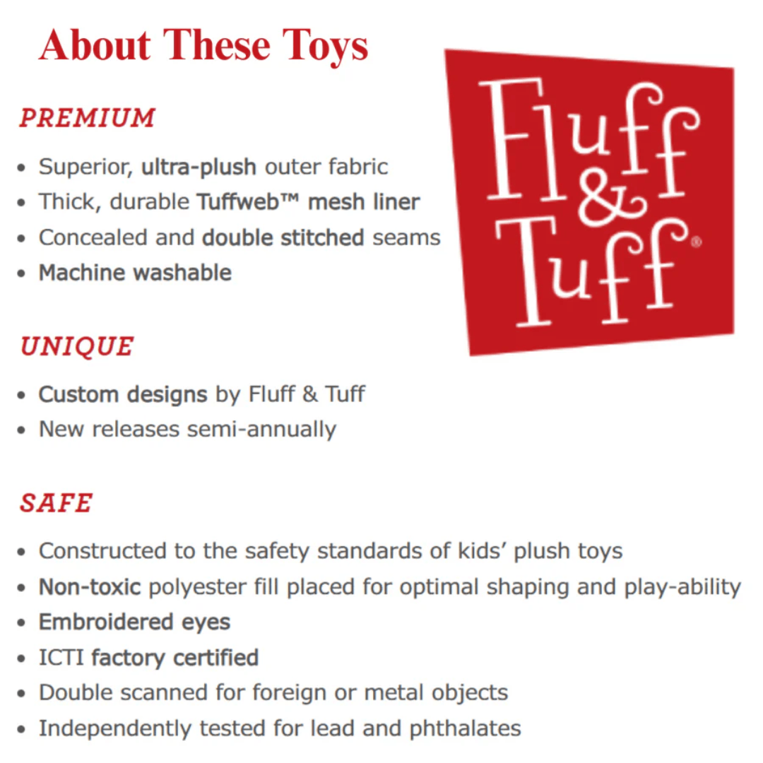 Fluff & Tuff toy features with text on a white background
