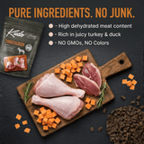 Kudo Turkey & Duck pet food package with raw meat and carrots on a cutting board, emphasizing pure ingredients.