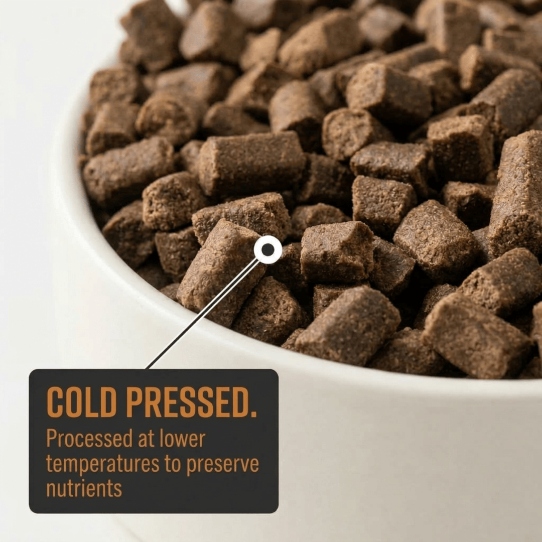 Close-up of a bowl filled with Kudo cold pressed pet food, with text indicating processing details.