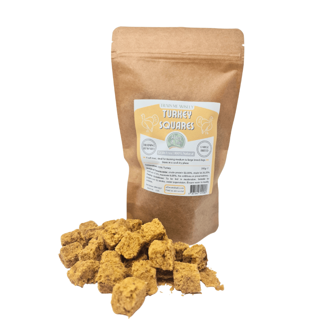 Bag of turkey squares with a visible label on a white background