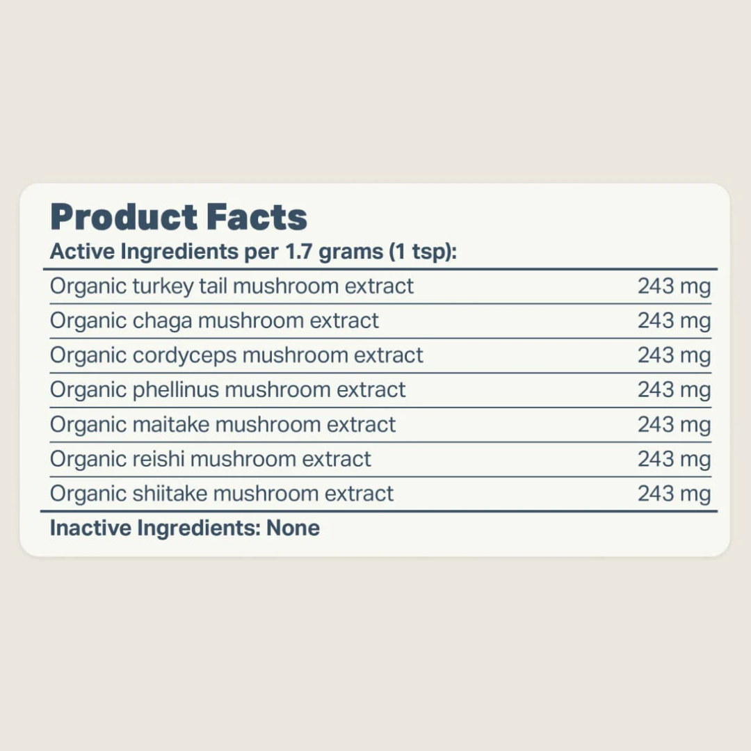 The nutritional analysis of the Four Leaf Rover - Immunity Seven Shrooms 51g