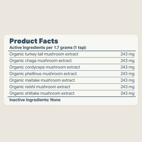The nutritional analysis of the Four Leaf Rover - Immunity Seven Shrooms 51g