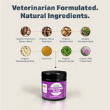 The ingredients of the Four Leaf Rover - Liver & Kidney Clean - Natural Detox Support for Dogs 39.9g listed. Each one has a small image of it it above the name.