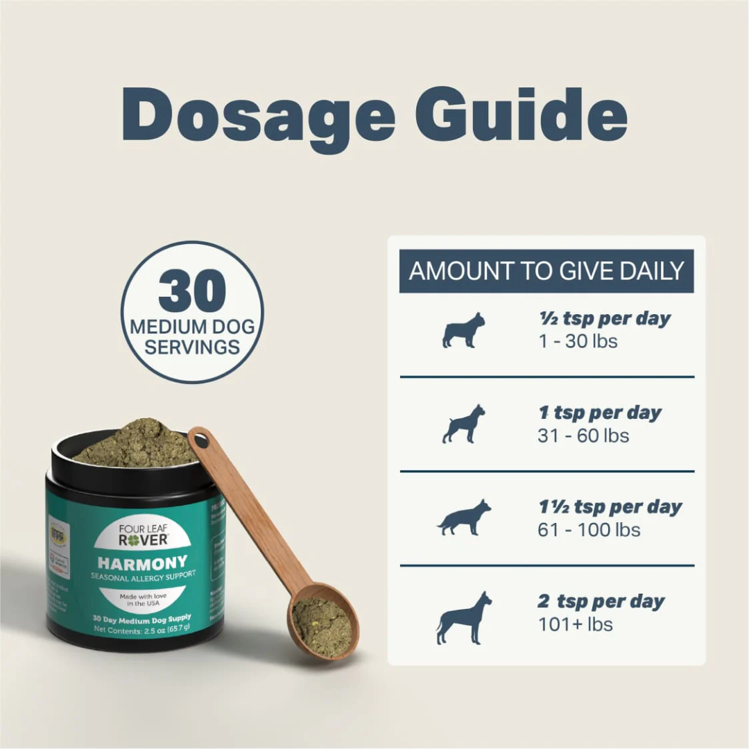 The daily dosage guidelines for the Four Leaf Rover Harmony - Seasonal Allergy Support 65.7g