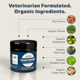 The ingredients of the Four Leaf Rover - Yeast Guard for Dogs 39.9g listed. Each one with a small photo beside it.