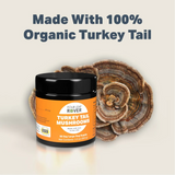 Four Leaf Rover - Turkey Tail Mushroom for Dogs 28.5g and a fresh Turkey Tail Mushrooms photographed here. Text saying "Made with 100% organic Turkey Tail" is above