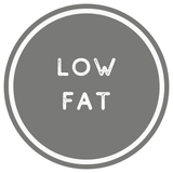 Circular label with 'LOW FAT' text on a gray background