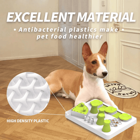 Dog playing with a puzzle toy on a wooden floor, highlighting antibacterial plastic material.