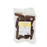 Chicken bangers bagged and labelled on a white background