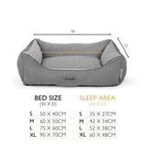 Gray pet bed with dimensions and Scruffs logo on a white background