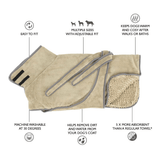 Dog towel with features listed on a white background