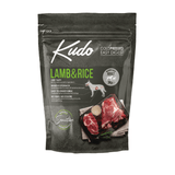 Kudo Lamb & Rice pet food 3kg medium maxi package on a white background.
