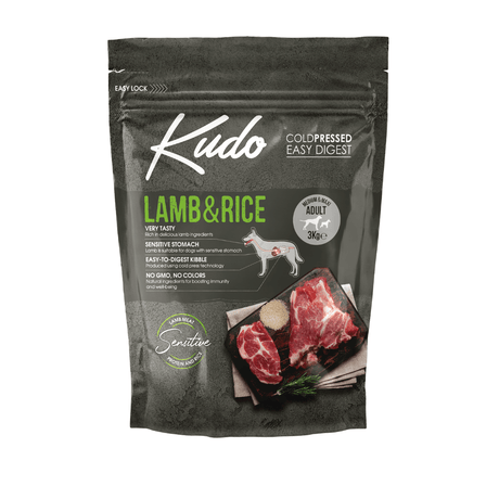 Kudo Lamb & Rice pet food 3kg medium maxi package on a white background.