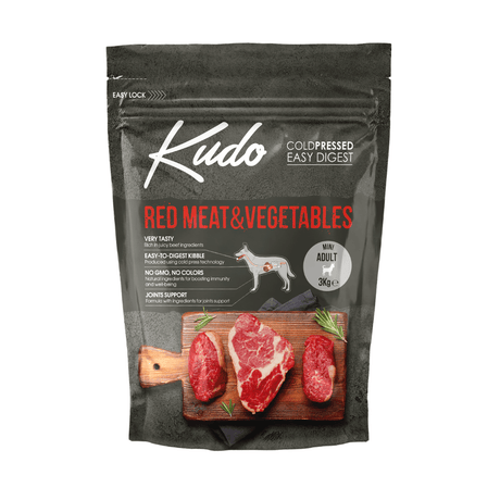Kudo red meat and vegetables Mini 3kg pet food package on a white background