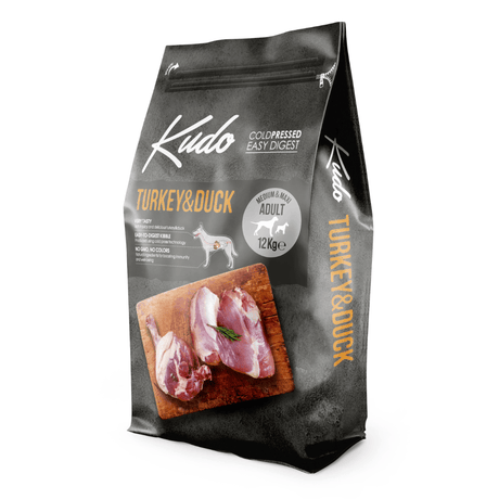 Kudo Turkey & Duck 12kg dog food package on a white background