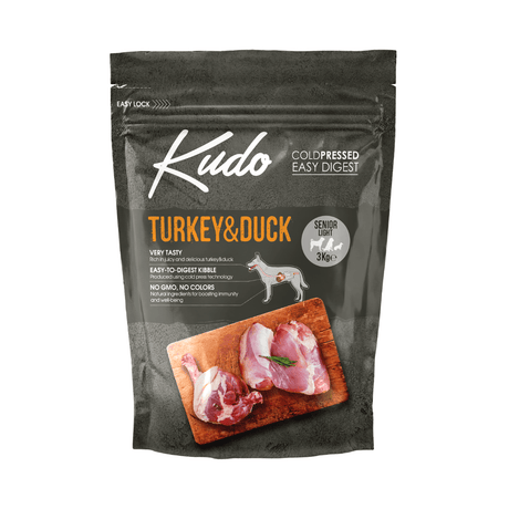 Kudo turkey and duck 3kg senior dog food package on a white background
